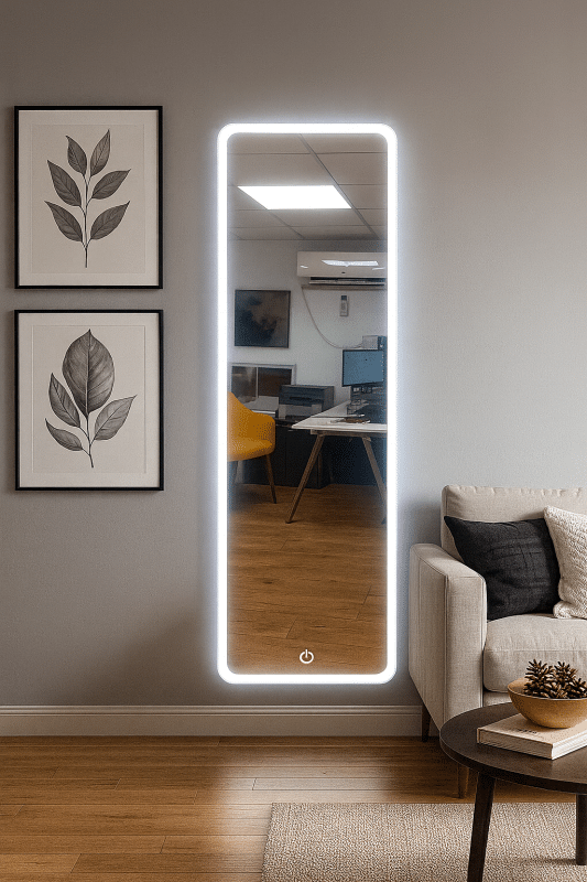 מראת קיר מודרנית עם תאורת LED היקפית, בעיצוב מלבני נקי ויוקרתי. המראה כוללת כפתור מגע תחתון להדלקה וכיבוי התאורה, לנוחות שימוש מקסימלית. מתאימה לסלון, חדר שינה או חדר כניסה, ומוסיפה אווירה יוקרתית וחמימה לכל חלל.